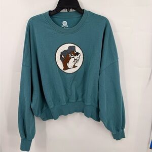 Buc-ee's Sweatshirt Women Large Teal Crewneck Pullover Beaver Cotton Blend Soft